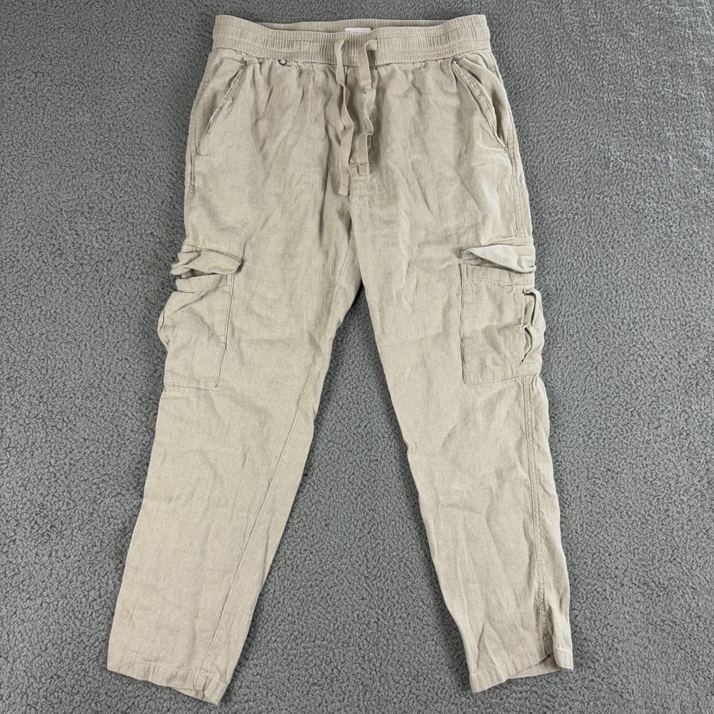 Porter & Ash Pants Mens Large Slim Fit Beige Linen Cargo Drawstring Casual Beach